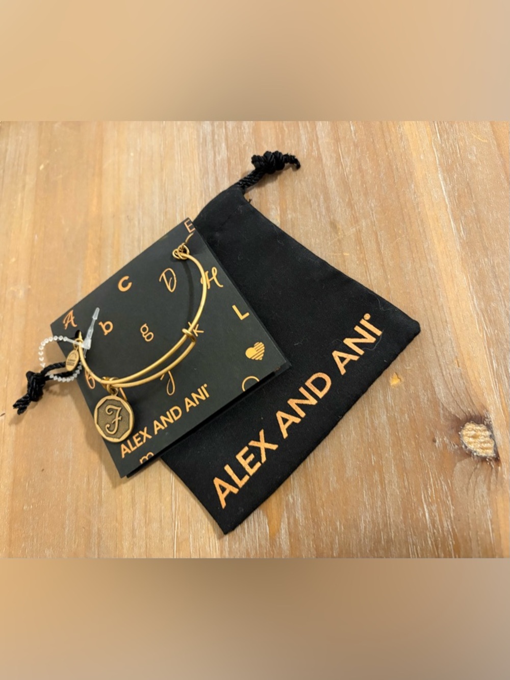 Alex and Ani Gold Tone Initial F Charm Bangle Expandable NWT w/Bag